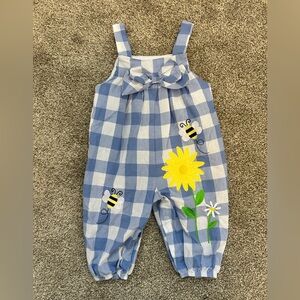 Blue Checkered Kids Overalls with Bee and Flower Design